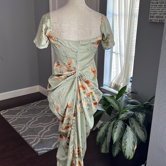 Pretty Little Things Sage Satin Floral Drape Bardot Dress - Picture 5 of 8